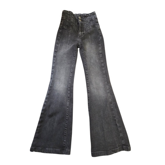 We The Free Jeans Womens 24 Faded Black Denim Jade Pants High Waist Flared - Picture 1 of 8